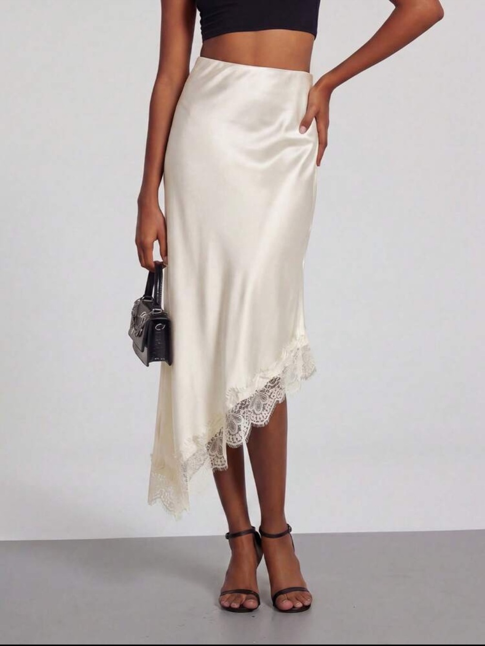 Satin Lace-Trim Asymmetrical High Rise Midi Skirt - Black - Picture 13 of 15